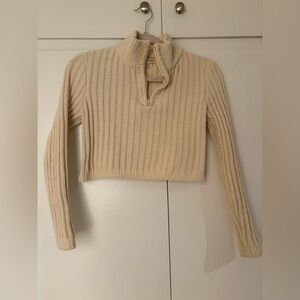 Cropped Cream Ribbed Half-Zip Turtleneck Sweater
